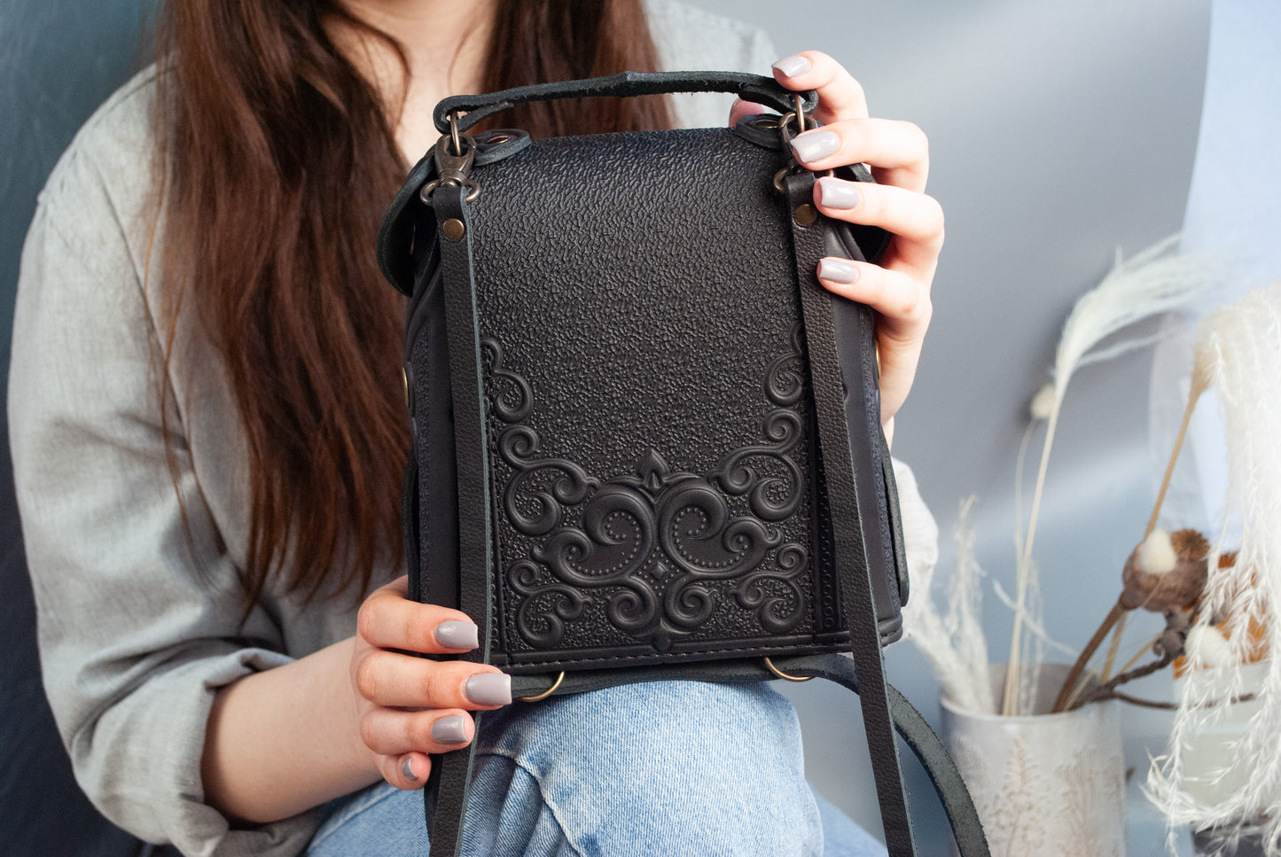 Black Boho Embossed Backpack