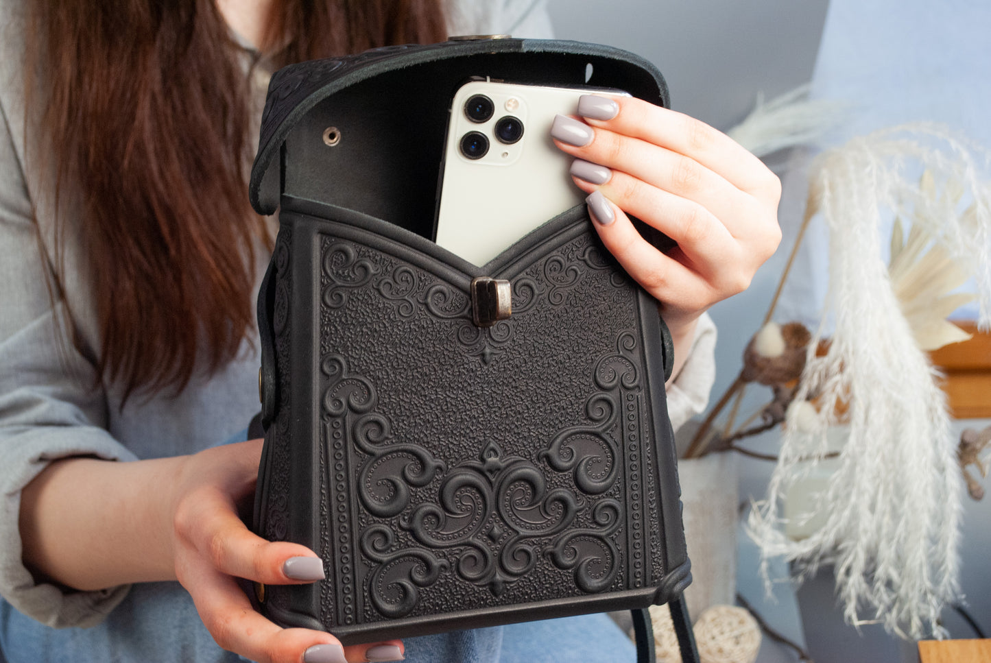 Black Boho Embossed Backpack