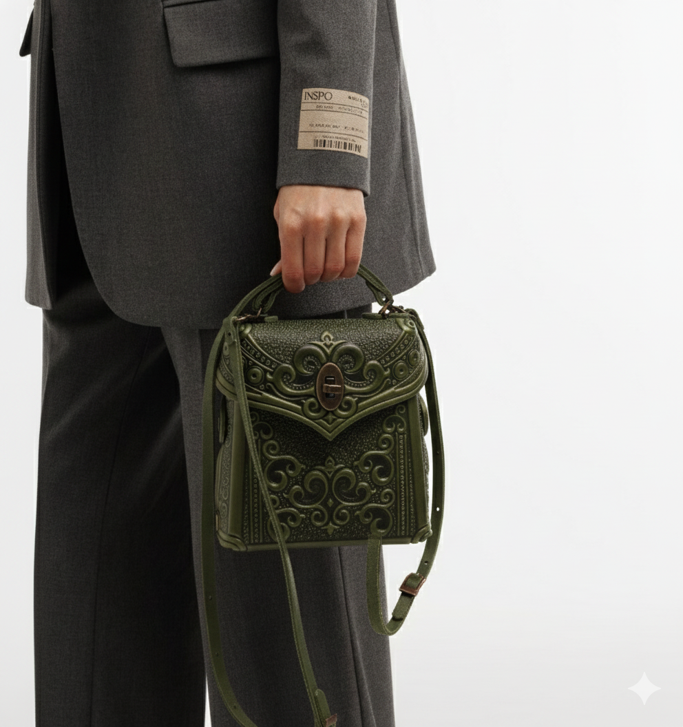 Olive Boho Embossed Leather Backpack