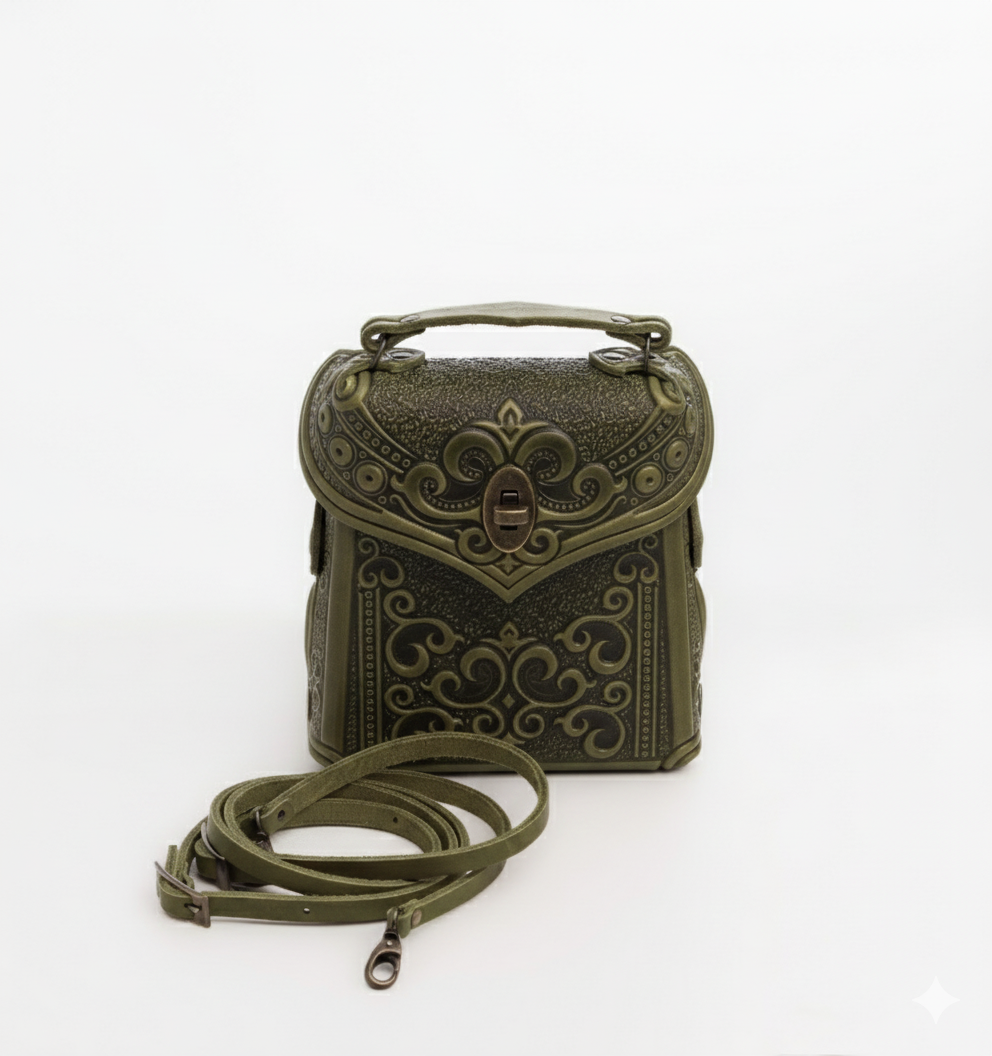 Olive Boho Embossed Leather Backpack