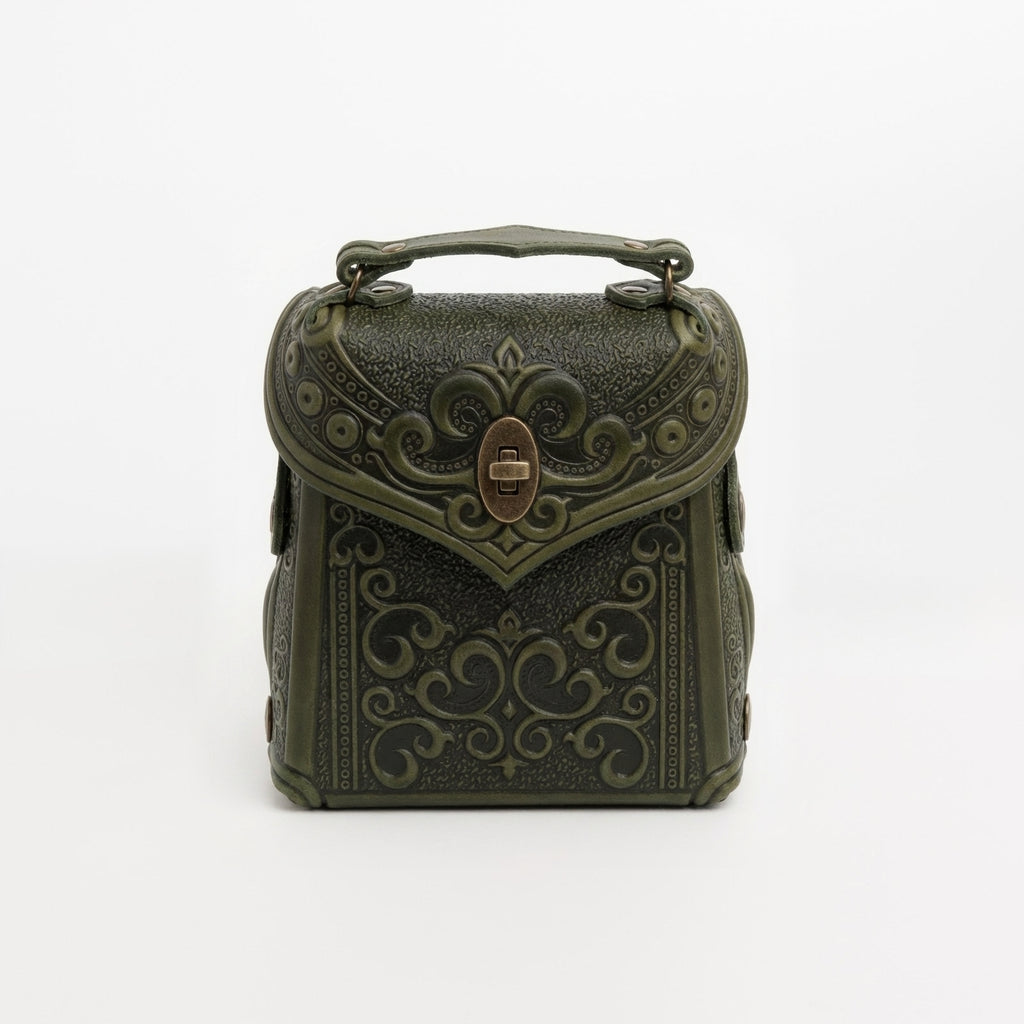 Olive Boho Embossed Leather Backpack